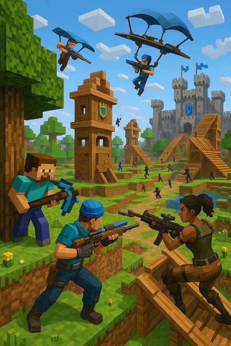 
7. “Minecraft × Fortnite × Clash Royale”
A cube‑world battlefield where players mine wood to build towers à la Clash Royale, then swap to glider‑rifles and build ramp‑rush forts to storm enemy castles in a 100‑player royale.