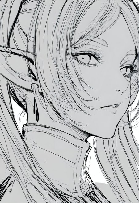 1girl, greyscale, monochrome, solo, pointy ears, elf, twintails, looking at viewer, parted lips, portrait, simple background, long hair, jewelry, white background, earrings, sketch<lora:inoitohXL_il_lokr_V531:0.95>