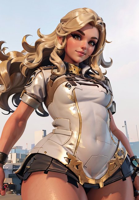1girl, blonde, long wavy hair, thick thighs, thick eyebrows, brown eyes, smile, curvy, (sundress, miniskirt, big breasts, tomboy, thighs, thick thighs), from below, 3d,
(white background),(dynamic pose),(dynamic angle),
(masterpiece:1.2), (best quality, highest quality), (ultra detailed), (8k, 4k, intricate),