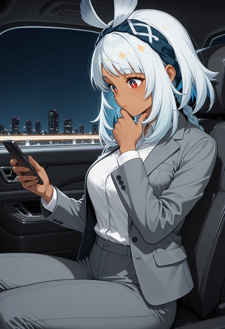 masterpiece, best quality, highres, absurdres, very awa, 1girl, solo, inaaum, white hair, twin braids, long hair, dark-skinned female, grey jacket, grey pants, long sleeves, office lady, open jacket, pant suit, white shirt, holding phone, looking at phone, looking down, smartphone, red eyes, blue hairband, from front, car interior, night, back seat, hand up, hand on own chin, stroking own chin, thinking, closed mouth