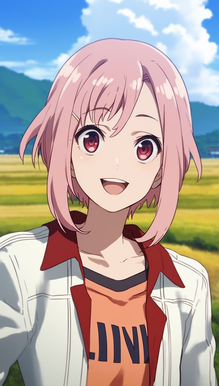 score_9,score_8_up,score_7_up,
<lora:yoshinokoharu:0.9>,
yoshinokoharu,
1girl,solo,pink hair,short hair,bangs,red eyes,looking at viewer,open smile,white jacket,orange tank top,character print on tank top,portrait,head tilt, 
outdoors,morning,summer,village in background,rolling hills,fields,blue sky,cloud,