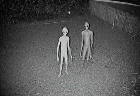 aliencctvlora, black and white nighttime cctv footage of two thin gray aliens skulking around the backyard of a suburban home, (thin bodies:1.2), (big bulbous heads:1.4), tall, long thin arms, thin fingers, long thin necks, (big black eyes:1.4), realistic, grainy cctv, dark footage, dynamic action, candid, olddigitalcamera, raw, light leak, film grain, (jpeg artifacts:0.5), low res