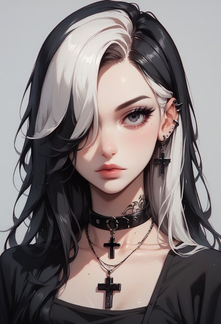 score_9, score_8_up, score_7_up, Goth girl, Goth girl 1girl 1girl,solo,long hair,looking at viewer,simple background,black hair,jewelry,white hair,multicolored hair,choker,black eyes,grey background,necklace,hair over one eye,two-tone hair,cross,portrait,,  <lora:[GP] somethingweird [Pony XL]:0.2>, <lora:g0th1cPXL:0.3>, <lora:Concept Art Twilight Style SDXL_LoRA_Pony Diffusion V6 XL:0.8>, <lora:Goth_girl_XL-v2:0.8>