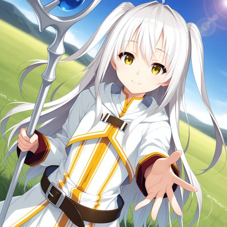 <lora:Apeiria_1_nai-000042:1>,Apeiria,
belt,white dress,white hoodie,hood down,
1girl,solo,grass,sky,bust,upper body,smile,depth of field,lens_flare,dutch angle,from_side,holding staff,reaching towards viewer,looking at viewer,
