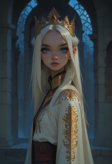 FFAnime Style, Score_9, Score_8, Score_7, 1girl, white hair, light blue eyes, portrait, ceremonial robe, white outfit with gold designs, castle interior  <lora:FFAnime Style Pony:0.7>