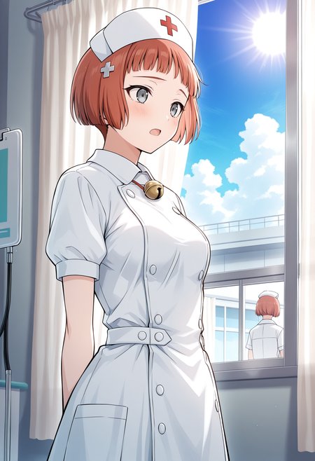<lora:LastExileLaviIL:1>, laviehead, grey eyes,
hat, hair ornament, bell, dress, nurse cap, open mouth, solo focus,
standing, hospital, window, curtains, day, sun, clouds,
masterpiece,best quality,amazing quality,