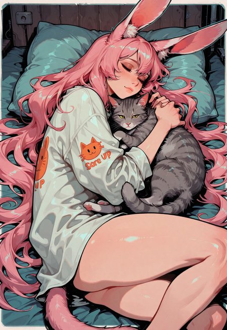 score_9, score_8_up, score_7_up, masterpiece, best quality, very aesthetic, detailed face, (dynamic:1.1), incoth, (incase:0.6), thick lines, outline, illustration, 1girl, cat, curled up, cuddling, comfy, baggy shirt, thighs, topview, pink hair, extremely long hair, grey cat, large rabbit ears, 