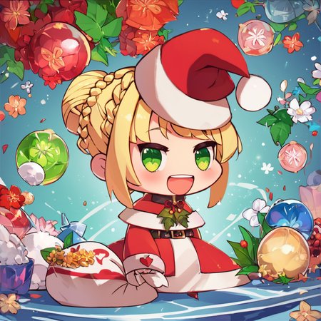 score_9, score_8_up, score_8,  ,,,  zzPadoru,  1girl, blush, smile, open mouth, blonde hair, long sleeves, dress, holding, green eyes, braid, ahoge, :d, hair bun, red dress, single hair bun, red headwear, meme, holding sack,  ,<lora:PadoruMemePDXL:1.0>,   ,,, smile, looking at viewer,  ,,, embedding:zPDXL,  <lora:SDXLFaeTastic2400:0.5>,