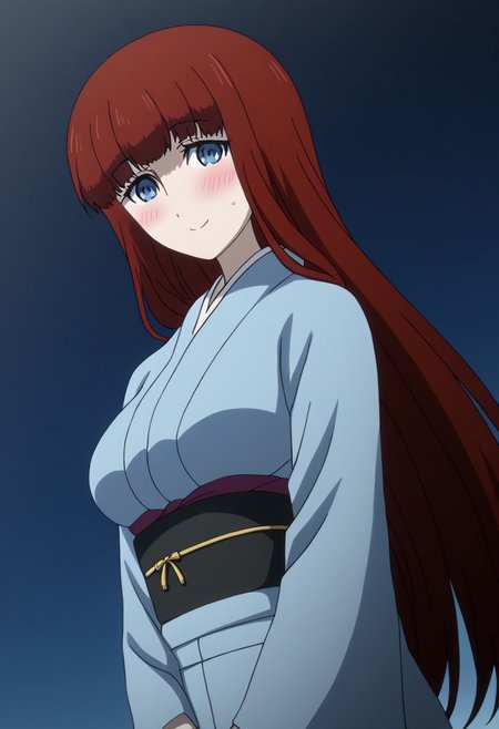 rating_safe, Ultra-high-detailed Anime illustration of Kagari Shiina from Anime Steins;Gate 0. The artwork features Kagari in a solo, standing position with a outdoors, flield and background, background in the night sky. night time. night.
She is depicted with intricate details showcasing her large breasts, natural_breasts. She is a white skinned, 22 years old woman. Kagari is looking_at_viewer with perfect_eyes, Her pupils are highly detailed. The eyes are open. blue eyes. Kagari's eyes are highlighted. Highlighted eyevrows. 
She has long hair, red colored hair, styled in blunt bangs and floating hair.
She is wearing a blue kimono and black shoes. japanese kimono, kimono.
The artistic style is intricate_details_xl with a focus on Anime art. The color palette emphasizes red and black with detailed strokes to bring out the character's features. The lighting creates dramatic shadows and highlights, adding depth to the artwork. The perspective is from a face focus, dutch angle to enhance the impact of the character's expression. This masterpiece is a true portrayal of Kagari's complex personality and will captivate any fan of Kagari. uncensored, upper body, blushing, smile, Kagari Shiina,
perfecteyes,
<lora:Steins_Gate:1>
kimono
happy new year!