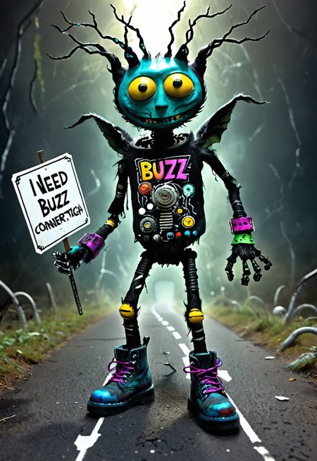colorful, creepy drawing, simple illustration, childlike illustration. creepy, scary, wonderful creatures, World Morph Felt, 
a vast, endless cyber-highway of broken neon billboards and flickering browser tabs, the asphalt pixelated and shifting with corruption, Bionicle Sean marches forward, his massive metal boots leaving behind distorted footprints in the digital dust, ((need_buzz)), holding sign that reads "I need buzz!", his cybernetic half-face glitching between identities, his elongated limbs jittering like a buffering video, he takes a deep pull from his modem vape, releasing a fog of nostalgic internet fragments, pop-up ads and lost Napster downloads swirling around him, the distant hum of a dial-up connection struggling to connect as he wanders toward the fading edge of cyberspace
in the style of the decaying empire of Wurstreich, dark magic and grotesque creatures abound, inspired by Sean Aaberg's punk aesthetic, dark fantasy world combines grim landscapes with vibrant, exaggerated colorful art, heroes skirmish monstrous foes in a setting where rebellion, decay, and mysticism intertwine, crafting a unique, immersive vibe
, the scene is captured in dimly lit dark fantasy but vibrant colors, with bold ink lines defining form against the watercolor wash of the aged paper