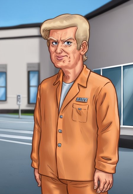 ((low depth of field)), (Drawn in the style of summertime saga), outdoors, (((exterior))) airport runway, ((sunny day)), ((giant jumbo jet background)) 
BREAK
stsrump 1male, (old) male, (fat) male, blue eyes, blonde hair, orange prisoner jumpsuit, looking at viewer, scowl