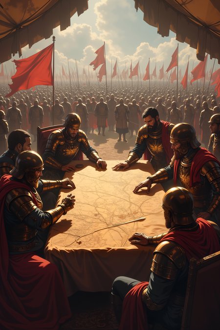 A chaotic battlefield stretches before a war council inside a grand tent. Generals in ornate armor argue over a massive map, their fingers tracing battle lines as the fate of the war hangs in the balance. Messengers rush in, breathless, carrying reports of shifting tides. Outside, soldiers prepare for battle, sharpening weapons and hoisting banners. The air is thick with tension, the weight of history pressing downâvictory or ruin will be decided in the coming hours.<lora:aesthetical-000003:0.15><lora:aidmaNSFWunlock-FLUX-PonyStyle-v0.1:0.15><lora:Flux-jijia:0.1><lora:GLSHS:0.6>