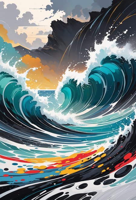 Seascape, serene coastal scenes, minimalist compositions, soft color palette, evocative atmosphere.
,drip painting, splatter art, chaotic patterns, overlapping colors, energetic composition, no central focal point, bold colors, black and white, rhythmic lines, spontaneous, subconscious emotion, rugged texture, thick paint