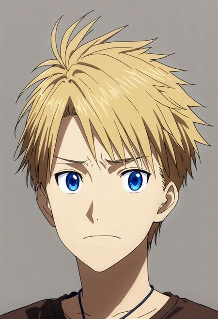 high resolution, solo, best quality, 1Boy, Yamato Ishida, Blond Hair, Blue Eyes, Necklace, potrait, dark shirt, looking at viewer, focused gaze forward, simple background, straight body, upper body, head upright, envy, OverallDetail