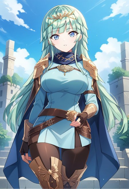 score_9, score_8_up, score_7_up, masterpiece, high quality, cowboy shot, 1girl, solo, front view, looking at viewer, outdoors, sky, 
tiara, cape, shoulder armor, blue tunic, long sleeves, cuffs, blue scarf, fingerless gloves, belt, pants, thigh boots,
selenadw, blue eyes, mint hair, long hair, blunt bangs, blunt ends, kishimen hair, large breasts