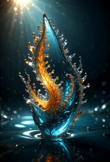 An abstract shape, amazingly fluid, made of glass, detailed, 3d fractals, light particles, water drops, shimmering light, surreal, ink, smooth, shimmering, glow, cinematice contrast, Glow, 
16k
