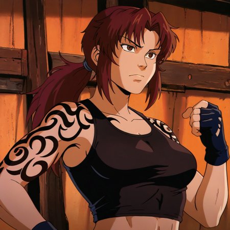masterpiece, best quality, newest, absurdres, highres, 
X-1990STV1.0, 
1girl, revy_(black_lagoon), ponytail, black gloves, black tank top, tank top, tattoo, tribal tattoo, shoulder tattoo, crop top, brown eyes, brown hair,