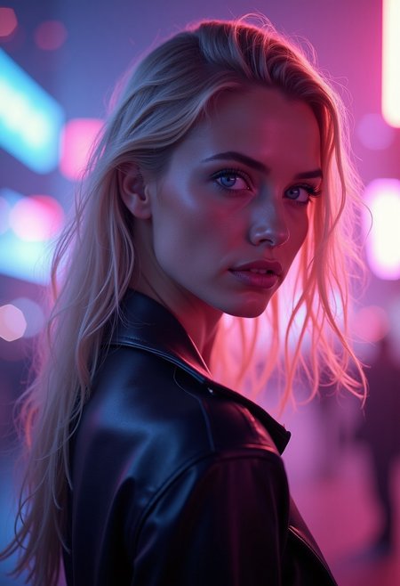 A stunning blonde female in a profile portrait, her sharp features highlighted by the neon glow around her. Her piercing blue eyes lock onto the viewer with an intense, Amazonian gaze, radiating confidence and power. The background is a futuristic cityscape at night, a blur of towering skyscrapers and glowing neon signs that blend into a kaleidoscope of colors. A neon color gradient overlays the scene, casting her face in hues of electric blues, purples, and pinks. Soft bokeh lights dance across the image, creating a dreamlike effect, while the light catches the delicate strands of her hair, making them shimmer like spun gold. The atmosphere is electric and surreal, the neon lights reflecting in her eyes, enhancing her allure with a vibrant, otherworldly beauty.