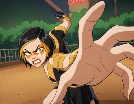 score_9, score_8_up, score_7_up, score_6_up BREAK, incrspunchmeme, g0g1-dh, 1girl, angry, grit teeth, solo, short hair, black hair, gold hair, multicolored hair, choker, domino mask, makeup, lipstick, gloves, dress  <lora:Golden_Glider_Kite_Man_r1:0.7> <lora:PepePunchMeme_XLPD:1>