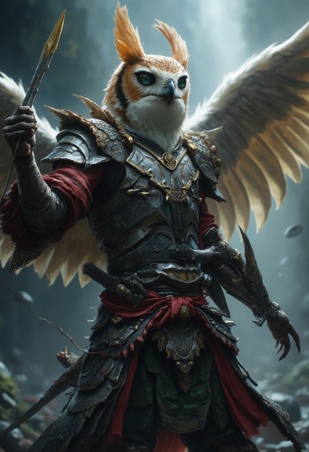 A humanoid owl in bushido armor from fantasy world using a holy silver whip in a dramatic dinamic pose, open wings, blurry  background,