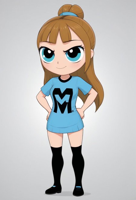 Score_9, (ppg), masterpiece, best quality, a ppg woman, powerpuff girl style, green blue eyes, blue shirt, long hair, brown hair, tied hair, bubbles, cartoon, cute, superhero, stylish letter M on the t-shirt, simple background, modernism, black pantyhose, smiling, looking at viewer