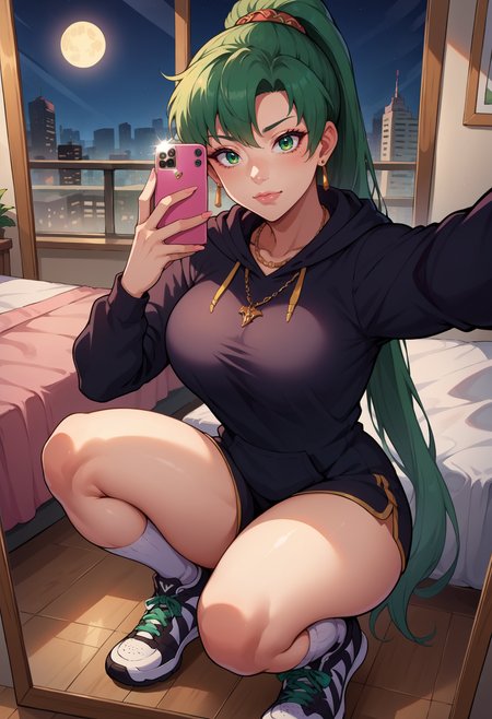 score_9, score_8_up,score_7_up, source_anime, 1girl, solo, <lora:EPfeLynPony_epoch_7:1.0>, EPfeLyn, green hair, green eyes, long hair, high ponytail,  jewelry, large breasts,  necklace, ear piercing, black hoodie, white socks, kneehighs, sneakers, black sneakers, squatting, selfie, taking picture, mirror selfie, bedroom, bed, mirror, at a dark room, at night , city view from the window, gyaru,