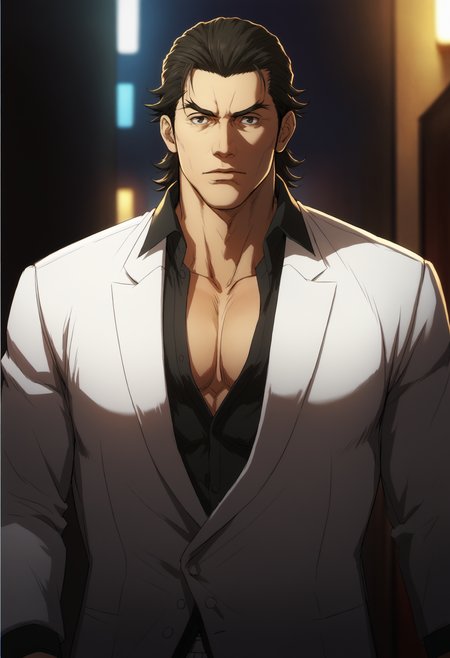 1boy, longfangwang_tonkotsu, black hair, black eyes, white suit, black formal shirt, score_7_up, muscular, manly, big muscule, ((middle-age man)), score_6_up, score_8_up, score_9, looking at viewer, detailed eyes, 8k uhd, high quality, alley, street, dark , ((night)) ,standing,front view, arm at side, open shirt, chest, cinematic view