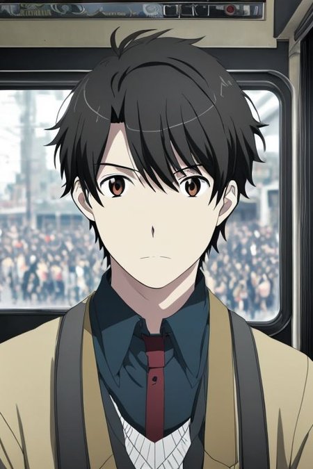 high resolution, solo, best quality, 1Boy, Portrait, Inaho Kaizuka, Black Hair, inside a bus, crowd, horny,