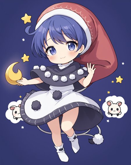 doremy sweet,1girl, nightcap, solo, pom_pom_\(clothes\), sheep, red_headwear, black_capelet, crescent_moon, star_\(symbol\), tapir_tail, looking_at_viewer, :3, chibi, blush, full_body, white_dress, holding, smile, socks, parted_lips, animal
<lora:doremy_sweet_image2053_2023-12-20-000010:1>,star-shaped_pupils,symbol-shaped_pupils,. gorgeous,key visual, vibrant, studio anime,award-winning, professional, highly detailed,high budget, cinemascope