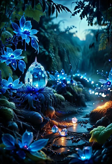 (8k analog nature photography:1.2), (a beautiful landscape:1.1) Extreme realism,  Insanely realistic, with a river in the distance, shiny sapphire (crystal:1.2) berries ,<lora:Bio-Luminescence:1> bioluminescent, glowing, focus on the fruit.  bioluminescent, glowing, detailed , detailed style, perfect, Night, darkness,