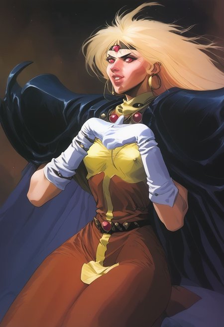 (score_9, score_8_up, score_7_up), rating_explicit, Masterpiece, best quality, outdoors, highly detailed, realistic, detailed background,
BREAK
Sorceress Supreme Lina Inverse, (PAWG:1.3), sexy short woman, thin hourglass figure,  (realistic skin texture), heart-shaped face, sharp angular features, beautiful face, cute, red eyes, slanted almond-shaped eyes, Long straight red Hair, long bangs, wild hair, sidelocks, long eyelashes, high nose, freckles, high cheeks, prominent cheekbones:0.4, thick lips, massive overbite, large front teeth, arrogant smile, haughty expression,
BREAK
small breasts, flat chest, thicc thighs, enormously wide hips, massive fat ass, skindentation:1.4,
BREAK
 yellow trim, headband, white footwear, white gloves, white trim, brooch, red pants, pauldrons, cape,
BREAK
random pose, casting a spell, magic,