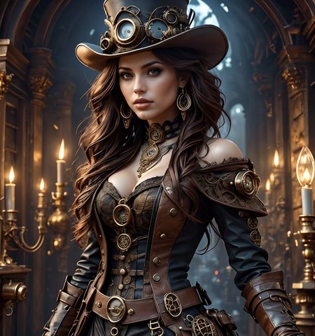 RAW photo, (masterpiece:1.3), subsurface scattering, heavy shadow, (high quality:1.4), (intricate, high detail:1.2), professional photography, HDR, High Dynamic Range, realistic, ultra realistic, photorealistic, high resolution, film photography, ambient lighting, atmospheric effects, <lora:detail_slider_v4:2>, OverallDetail,   <lora:SteampunkChar:1>, 1girl, bare shoulders, belt, braid, brown hair, candle, choker, coat, cowboy hat, dress, earrings, gloves, jewelry, leather, lips, long hair, scar, skirt, solo, steamchar, steampunk, top hat,