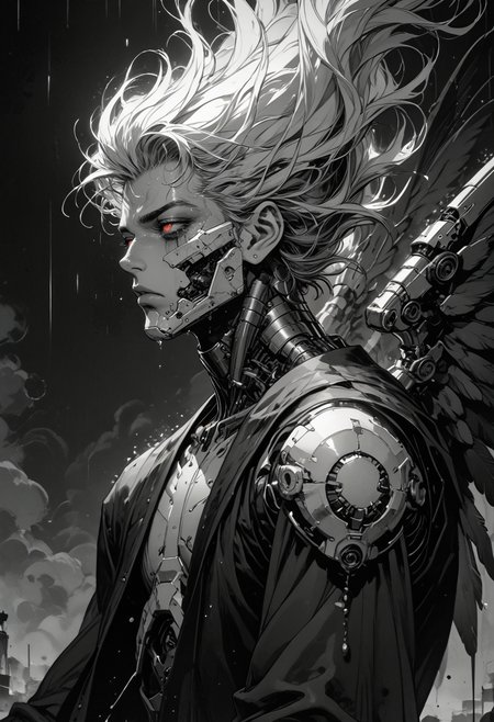 score_9, score_8_up, score_7_up, sad, tears, side view, 1hand up, floating, 1boy, mechanical parts, cyborg, mask, half closed eyes, red eyes, spot color,  monochrome, greyscale, male focus, floating hair, eyelashes, dripping, silhouette, wings, limited palette, dark aesthetic, Sinozick, kneeling, in pain, looking up, rain, dark theme, gloomy, <lora:sdxl_lightning_8step_lora:1> <lora:Art_Adams_Style_Pony_XL:0.5> <lora:Dark_Anime:0.2> <lora:glowneon_xl_v1:0.4> <lora:nostalgia-000011:0.3>  <lora:GRIM_v1:0.4>  <lora:Sinozick2:0.3>