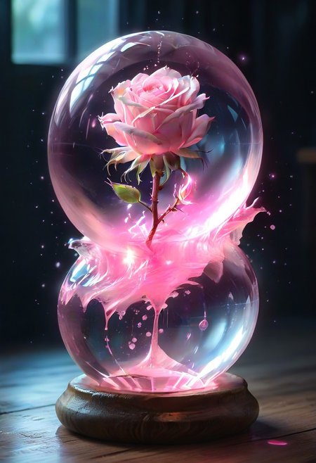 (masterpiece), best quality, (Floating Sphere, Crystal, Magic, Reflection, Melting, Dripping, Pink Rose), Black Background, No Humans, Starry Theme, (Light Refraction), White and Pink Theme, Natural Lighting, Verynsty,(Particles, aura, steam)