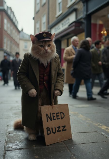 Photorealistic, a poor cat dressed as a human stands on a busy 1940s street with a brazen, criminal expression on her face. The cat wears a small, ragged jacket and a peaked cap, England gang peaky blinders. Around her, 1940s busy pedestrians and colorful shop windows contrast with her lonely figure. A small cardboard sign next to her reads "Need BuZZ", which captures the essence of her demand.