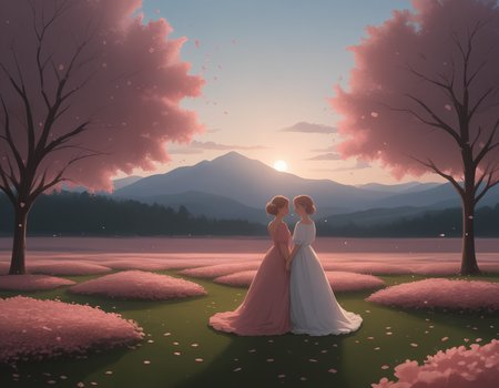 ( zPDXL3)
dreamy garden at sunset, blooming roses and cherry blossom trees, warm golden light, heart-shaped petals falling, 
soft pastel sky, magical atmosphere, delicate heart-shaped lanterns glowing, 
faint silhouettes of a couple in the distance on background, 
soft romantic ambiance, 
vast landscape, atmospheric depth, sense of scale