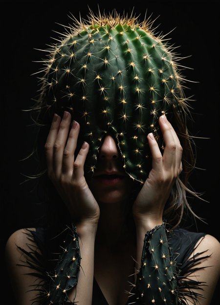 woman, cactus  covers  face head, solid black color background, super high quality, shallow dof