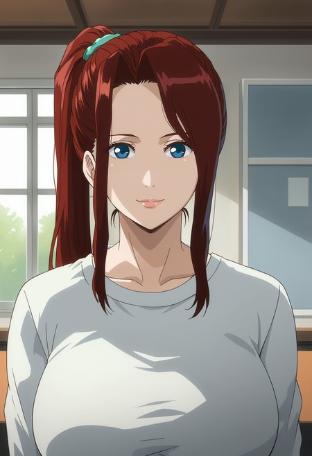 <lora:Hitomi_Nikaido-Kichiku:0.9>,Hitomi,mature female,1girl,solo,long hair,red hair,blue eyes,large breasts,ponytail,shirt,upper body,looking at viewer,indoors,smile