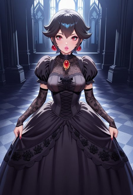 AMAZING QUALITY, MASTERPIECE, EXCALIPSE, 1GIRL, PRINCESS PEACH, BLACK HAIR, GOTH, BLACK DRESS,