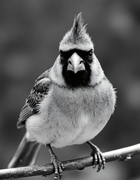 black and white close-up photo of a cardinal