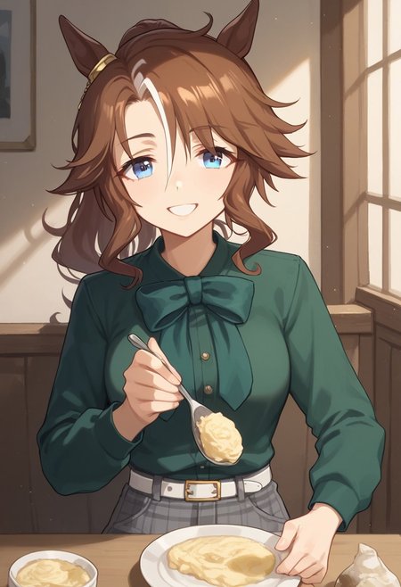 Score_9,score_8_up,score_7_up,score_6_up,source_anime,detail,1girl,solo,
mejiro palmer \(umamusume\),horse ears, horse tail, green shirt, black pumps, long sleeves, gold ear ornament, ponytail, white belt, green bowtie, plaid grey pants,  BREAK
(indoors:1.1),(night:1.2),  (upper body:1.2), Dutch Angle Shot,  (dynamic pose:1.2), face focus, eyes focus, BREAK
sitting,d4ten1ght, sitting across from viewer, cafe, restaurant,table, (feeding:1.3),
Expressiveh, horny face,  (bedroom eyes:1.3), smile, BREAK
OverallDetail,Frontlight,