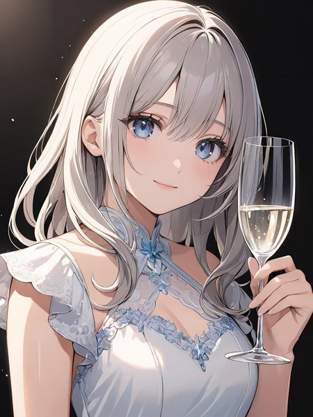 masterpiece,ultra-detailed,best quality,8K,illustration,cute face,clean skin ,shiny hair,girl,ultra-detailed-eyes,simple background, <lora:add-detail-xl:1> <lora:holding glass_XL_V1.0:0.8> holding glass, champagne,dress