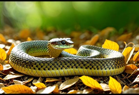 Cinematic, Cinematic Lighting, Cinematic Shot, extremely detailed, Film Still, macro photography, depth of field,  high detail, hires textures, incredibly detailed, intricate details, intricate diorama, masterpiece, Movie Still, outstanding intricacies, photorealism, true masterpiece, glamourous, Stately, capturing the scene of an eastern hognose snake, Heterodon platirhinos, lying on the ground amongst fallen leaves, cry5t415ku11,