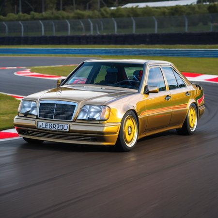 race track photography of a (gold) mercedes W124,  gleaming, reflections, driving fast<lora:wx124sdxl:1>