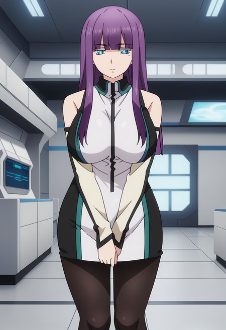 score_7_up, anime screencap,
<lora:ShuumatsuNoHarem_SuouMiraXL:0.9>,
1girl, solo, closed mouth, frown,
long hair, purple hair, hime cut, blunt bangs, blue eyes, bright pupils, mole under eye,
SuouMira, multicolored dress, pencil dress, short dress, bare shoulders, zipper, detached sleeves, black pantyhose,
v arms, standing, looking at viewer,
science fiction, indoors, blurry background