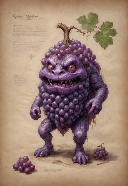 A drawing of a grape monster in skyrim on parchment