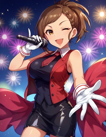 score_9,score_8_up,score_7_up,1girl,solo,cowboy shot,looking at viewer,smile,wink,open mouth,holding microphone,stage lights,
<lora:hyoudourena_ponyXLV6:0.8>,cghre,
brown hair,ponytail,braid,brown eyes,big breasts,
red vest,sleeveless,red necktie,white gloves,black tight skirt
