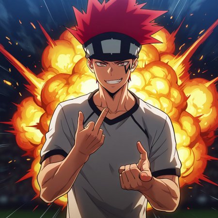 masterpiece, best quality, amazing quality, absurdres, newest, detailed background, definition so sharp, Ultra-HD, 8K cinematic, very awa, impressionate, amazing quality, highres, 
solo, male focus, manly, 
1boy, d0tb_red hair, d0tb_brown eyes, d0tb, spiked hair, facial tattoo, headband, explosion,
pointing, taunting gesture, playful grin, athletic wear, track, bright lighting, energetic, competitive, hot-blooded, cheeky, cool,