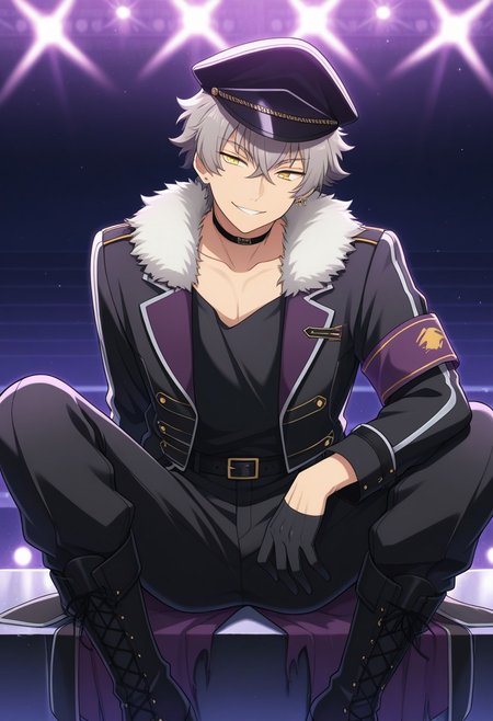 masterpiece,best quality,amazing quality, source_anime, 
kogaoogami, 1boy, male focus, solo, yellow eyes, grey hair, jewelry, earrings, undead uniform, hat, peaked cap, black headwear, choker, shirt, black shirt, jacket, black jacket, tailcoat, fur trim, armband, open jacket, gloves, black gloves, half gloves, belt, black belt, pants, black pants, boots, black footwear, cross-laced footwear, 
smile, sitting
stage, lights,