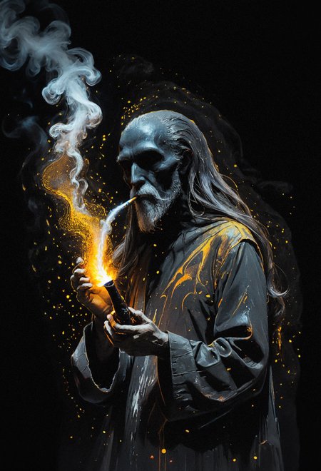 illustration of an old man, otherworldly, mysterious, side view, long hair, arching, black hair, long hair, face covered, obscured face, no face, molten plastic, abstract, black plastic, white plastic, galactic dusk, gold particles, thin black shirt, dark, (smoking a pipe, motel lava:1.2)  <lora:add-detail-xl:0.7> <lora:xl_more_art-full_v1:0.7>  <lora:sdxl/nicola_samori_dark_art_style:0.7> in the style of Nicola Samori